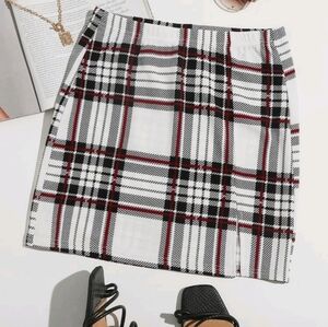 SHEIN Black, White, and Red Plaid Pencil Skirt